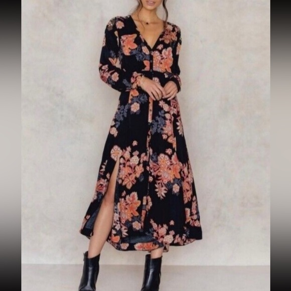 Free People - Miranda Long Sleeve Floral Midi Dress - Size 4 - Picture 3 of 7